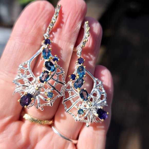 Sapphire Lolite & Topaz  Spider 🕷 on web🕸 Sterling & gold dramatic earrings - Picture 8 of 9